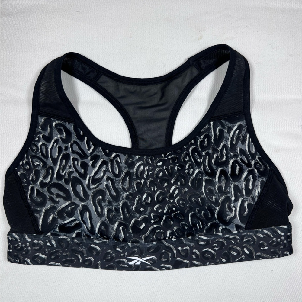 NWT Reebok Black and Gray Leopard Print Sports Bra size M. Mesh back - Picture 1 of 6